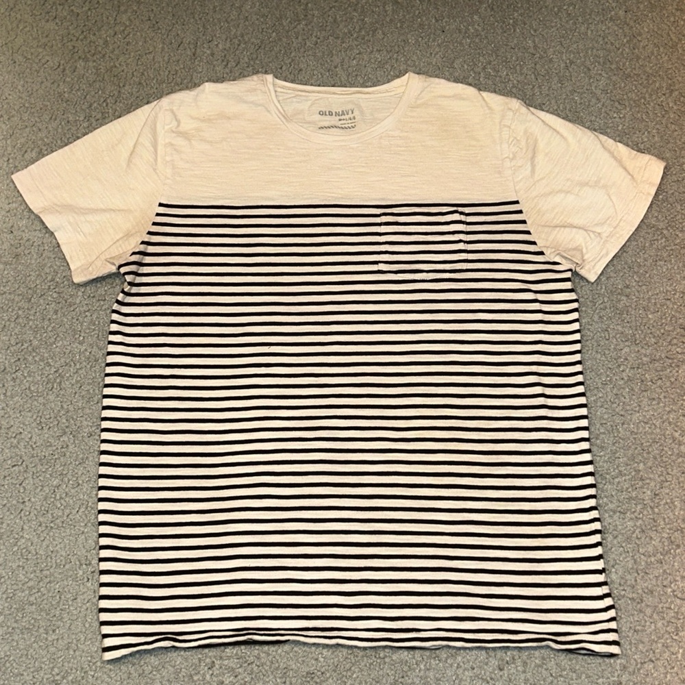 Old Navy Shirt Mens Large White Blue Striped Short Sleeve Pocket Tee Casual Top